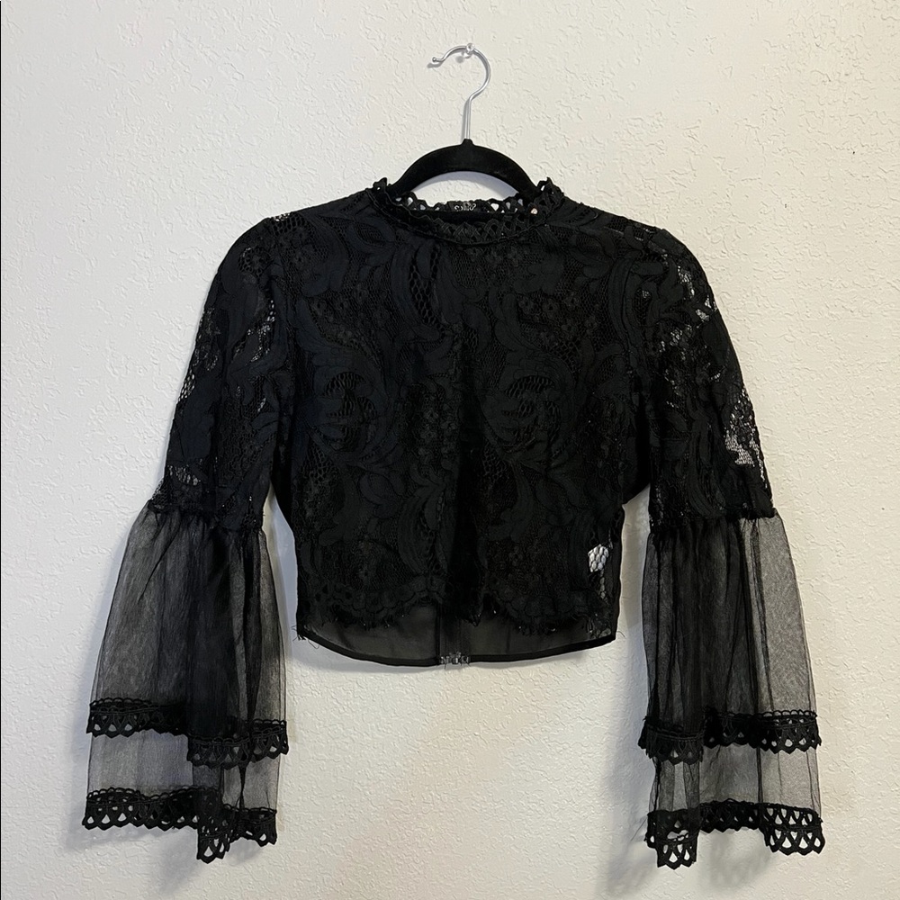 Peach | Floral Lace Up Sheer Long Sleeve Crop Top in Black